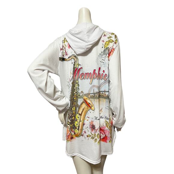 Sweet Gisele "Memphis" Rhinestone Double Sided LS White Hoodie  (Fits Like XL) - Picture 2 of 4